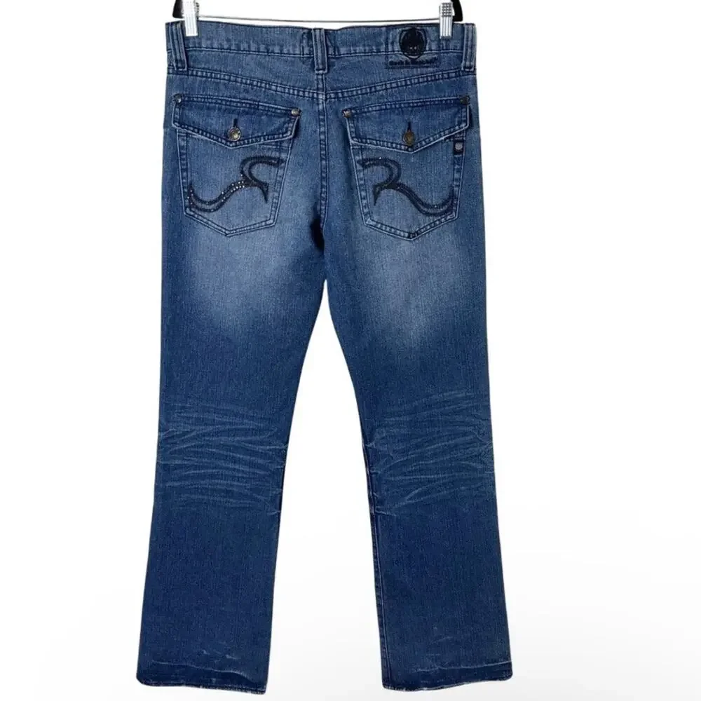 Rock & Republic Mens Taylor Bootcut Jeans 34 Embellished Flap Pockets Distressed